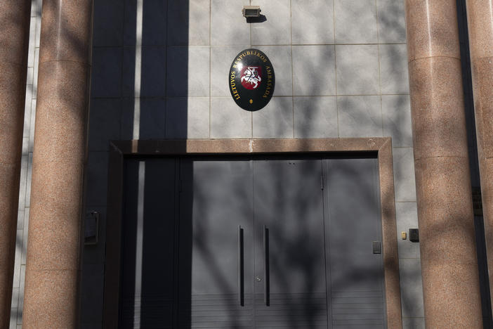 The closed Lithuanian Embassy in Beijing. China lashed out at the United States Thursday over its support for the European nation of Lithuania in its feud with Beijing over relations with Taiwan.