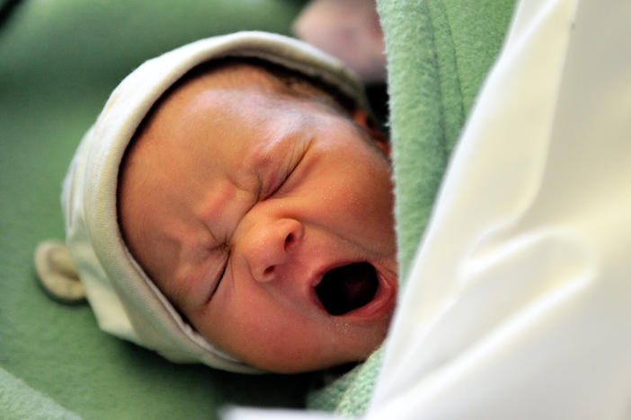 A newborn lies in the maternity ward of the Lens hospital, northern France. A study of crying mice could help explain some building blocks of human infant cries and adult speech.