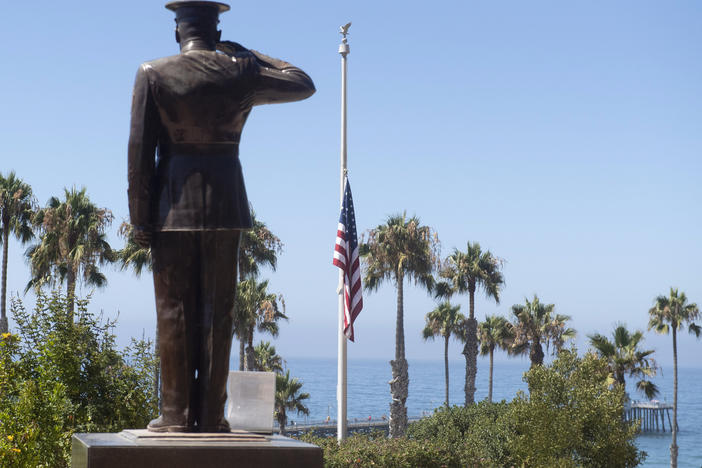 The U.S. flag is seen at half-staff at Park Semper Fi in San Clemente, Calif., in this July 2020 file photo after a amphibious assault vehicle sank off the coast of Southern California.