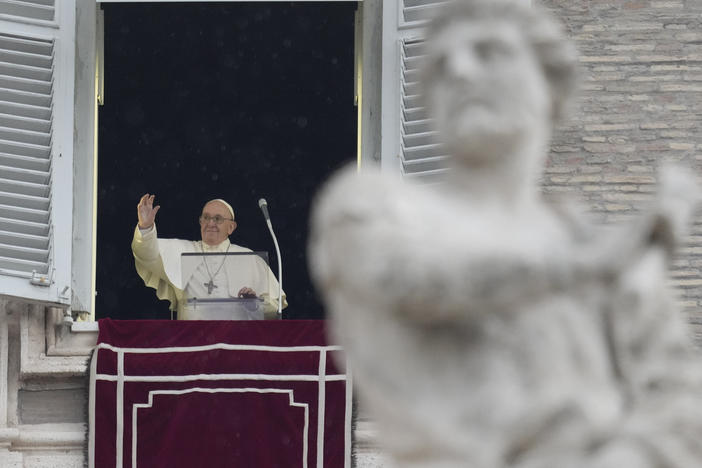 Pope Francis delivers the Angelus noon prayer in St.Peter's Square, at the Vatican on Sunday.