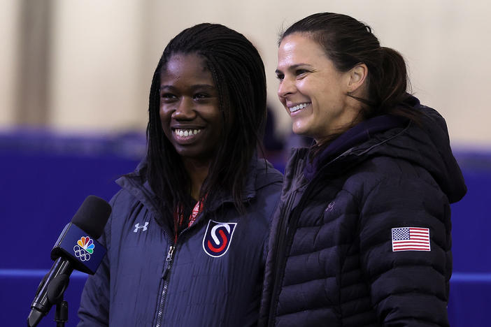 Erin Jackson's teammate Brittany Bowe (right) gave up her spot for the 2022 Beijing Olympics after Jackson was eliminated during trials for women's speedskating. Jackson will be competing in Bowe's place.