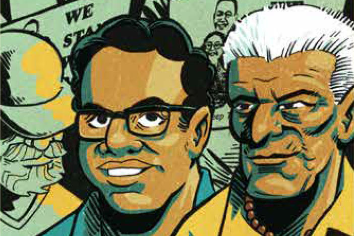 An illustration of Henry Barajas and his great-grandfather, Ramon Jaurigue, in<em> </em>the graphic novel<em> <em>La Voz De M.A.Y.O.: Tata Rambo.</em></em>