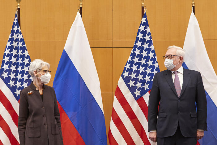 U.S. Deputy Secretary of State Wendy Sherman (left) and Russian Deputy Foreign Minister Sergei Ryabkov meet at the U.S. diplomatic mission in Geneva, Switzerland, on Monday. The U.S., Russia and other European countries are holding a series of talks this week in an attempt to reduce tensions over Ukraine. Russia has some 100,000 troops near Ukraine's border.