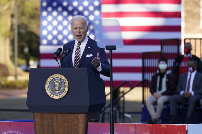 President Joe Biden speaks in support of changing the Senate filibuster rules that have stalled voting rights legislation in Atlanta.