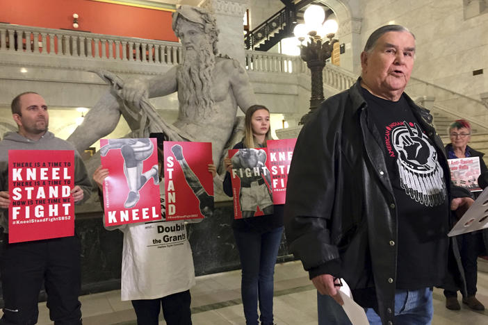 Clyde Bellecourt, co-founder or the American Indian Movement, is shown speaking in 2018 at Minneapolis City Hall. Bellecourt, a leader in the Native American struggle for civil rights and a founder of the American Indian Movement died at 85 on Tuesday night from cancer.