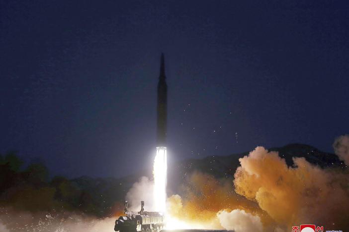 This photo provided by the North Korean government shows what it says a test launch of a hypersonic missile on Tuesday in North Korea.