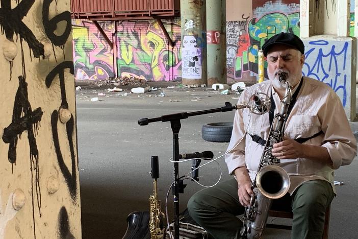 Tony Malaby, photographed in the fall of 2021, underneath the New Jersey Turnpike.