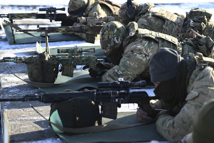 Russian soldiers take part in drills at the Kadamovskiy firing range near the Russia-Ukraine border.