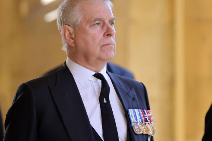 Britain's Prince Andrew, Duke of York, attends the ceremonial funeral procession of Britain's Prince Philip, Duke of Edinburgh, to St. George's Chapel in Windsor Castle in April 2021.