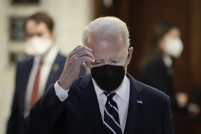 President Biden leaves a meeting with Senate Democrats on Capitol Hill on Thursday.
