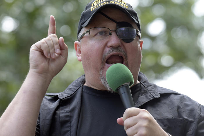 Stewart Rhodes, founder of the Oath Keepers, speaks during a 2017 rally outside the White House.