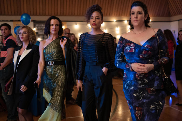 Christina Ricci as Misty, Juliette Lewis as Natalie, Tawny Cypress as Taissa and Melanie Lynskey as Shauna in <em>Yellowjackets</em>.