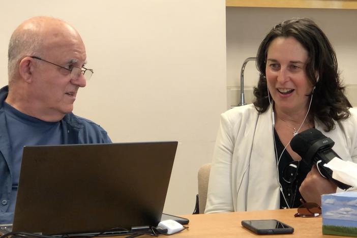 Reporter Chloe Veltman reacts to hearing her digital voice double, "Chloney," for the first time, with Speech Morphing chief linguist Mark Seligman.