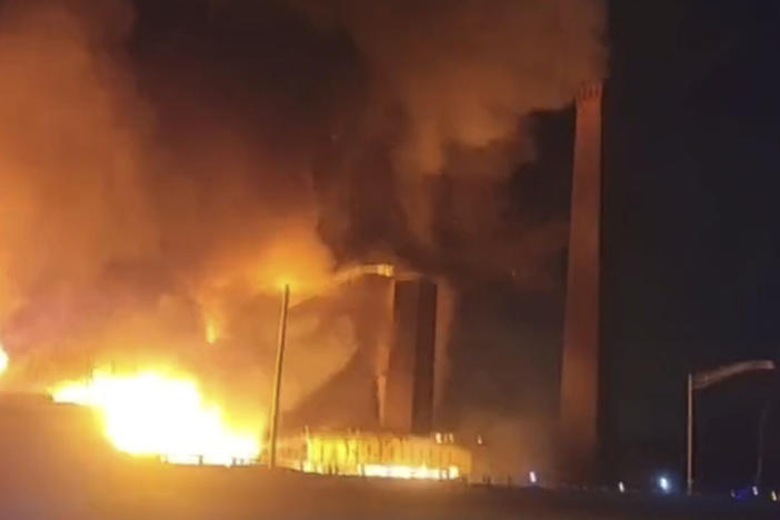 This image from video provided by Mikey B shows a fire near a New Jersey chemical plant, Friday, Jan. 14, 2022 in Passaic, N.J.