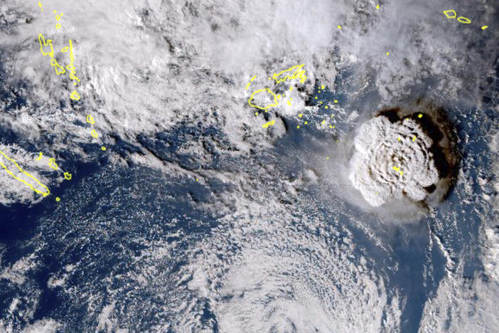 This image taken by Himawari-8, a Japanese weather satellite, shows an undersea volcano eruption at the Pacific nation of Tonga.