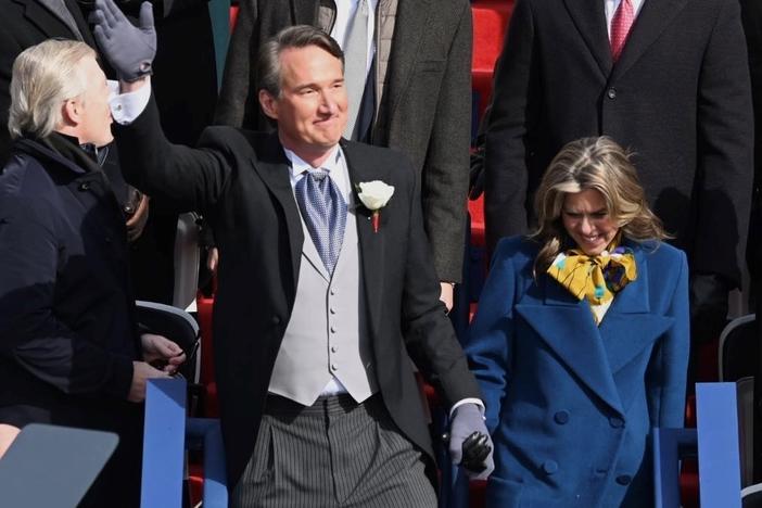 Glenn Youngkin waves to the crowd at his inauguration on Saturday Jan. 15, in Richmond, Va.