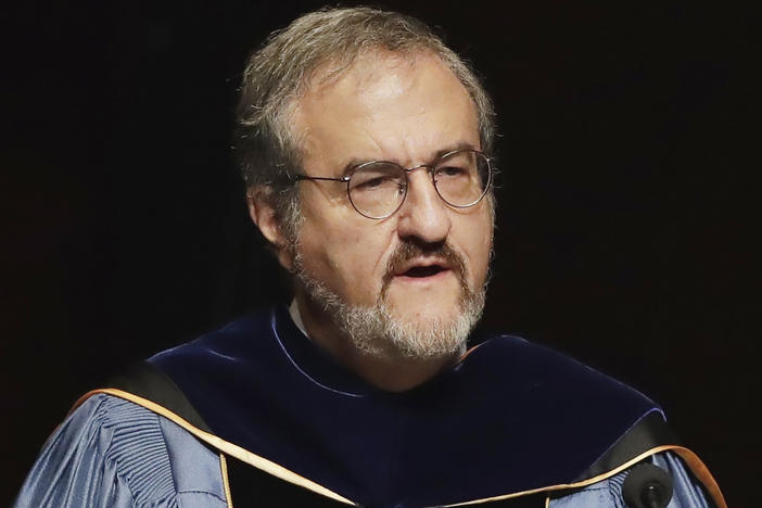 In this Jan. 30 2017, file photo, University of Michigan President Mark Schlissel speaks during a ceremony at the university, in Ann Arbor, Mich. Schlissel has been removed as president of the University of Michigan due to the alleged "inappropriate relationship with a University employee," the school said.