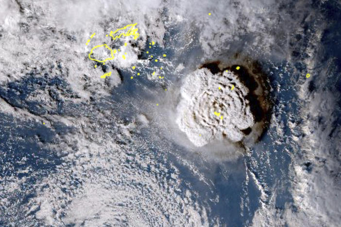 A satellite image taken by a Japanese weather satellite shows an undersea volcano eruption at the Pacific nation of Tonga Saturday, Jan. 15, 2022. (Japan Meteorology Agency via AP)