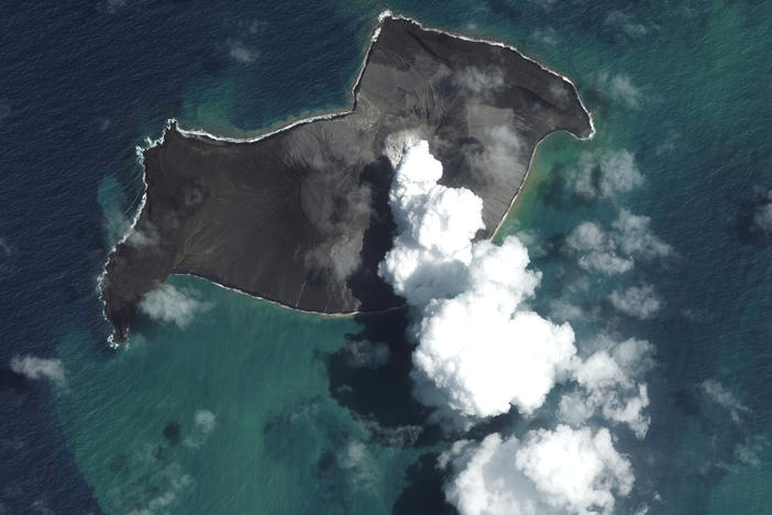 This satellite image provided by Maxar Technologies shows an overview of Hunga Tonga Hunga Ha'apai volcano in Tonga on Jan. 6, 2022, before a huge undersea volcanic eruption.