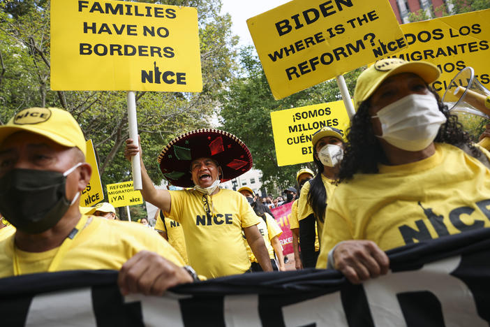 Immigration activists rally near the White House on Oct. 7, 2021. The group demonstrated for immigration reform and urged President Biden to authorize a pathway to citizenship for undocumented immigrants.
