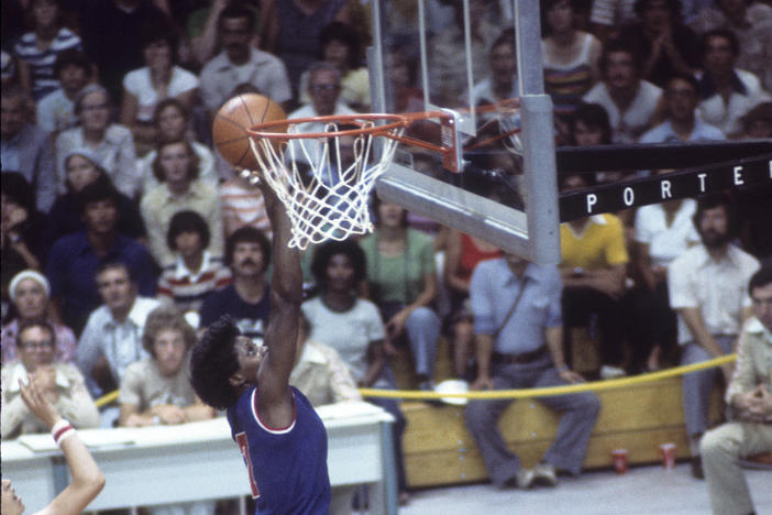 U.S. center Lusia Harris finishes a basket in a game against Bulgaria during the 1976 Summer Olympics in Montreal.