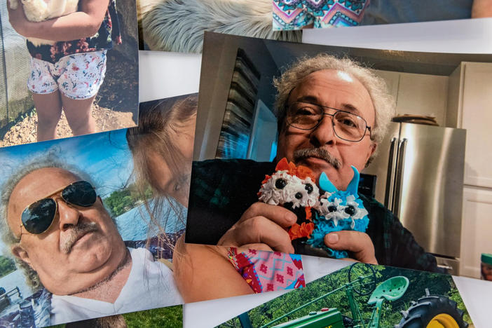 A photo of Tony Tsantinis hangs in a collage set up for a celebration of his life on the final day that Athens Pizza in Brimfield, Mass., was open for business. Tsantinis, who owned the pizzeria for many years, died of COVID-19 last month when efforts to find space at a hospital that could offer him a higher level of care could not be found.