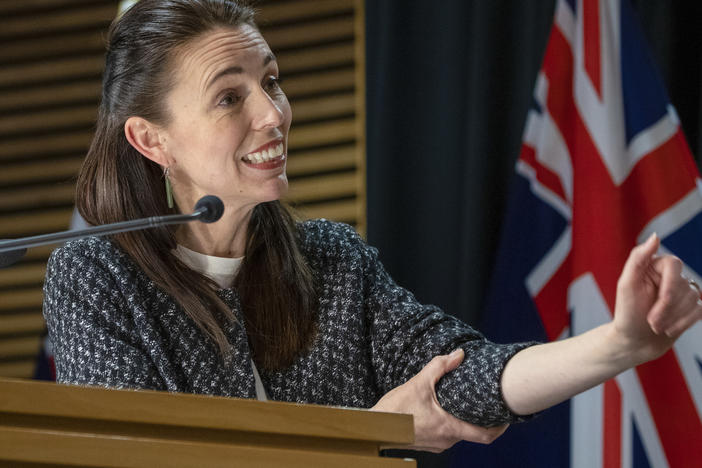 New Zealand Prime Minister Jacinda Ardern addresses a post-Cabinet press conference at Parliament in Wellington, New Zealand, Monday, Oct. 4, 2021.