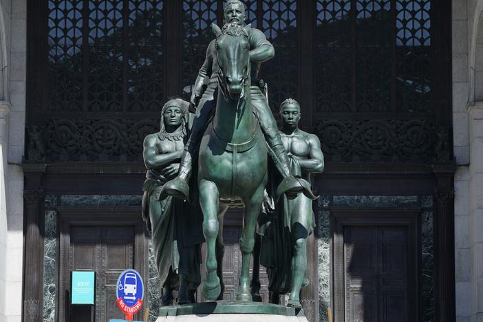 The Theodore Roosevelt Equestrian Statue is shown in front of the American Museum of Natural History's Central Park West entrance in New York City in 2020. Removal began this week.