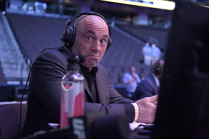 Joe Rogan, the comedian, TV commentator and podcaster, reacts during an Ultimate Fighting Championship event in May 2020.