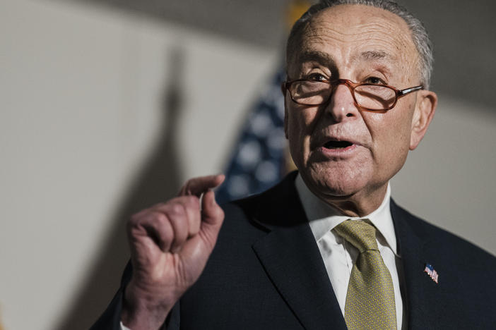 Senate Majority Leader Chuck Schumer, D-N.Y., speaks during a news conference Tuesday on Capitol Hill following a Senate Democratic Caucus meeting on voting rights and the filibuster.