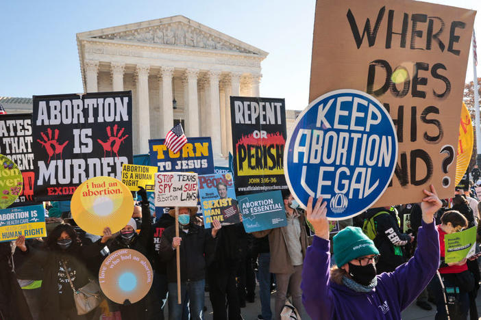 Demonstrators gathered in front of the U.S. Supreme Court as the justices heard arguments in Dobbs v. Jackson Women's Health, a case about a Mississippi law that bans most abortions after 15 weeks, on December 01, 2021. Experts believe a ruling on this case could undermine or overturn Roe v. Wade.