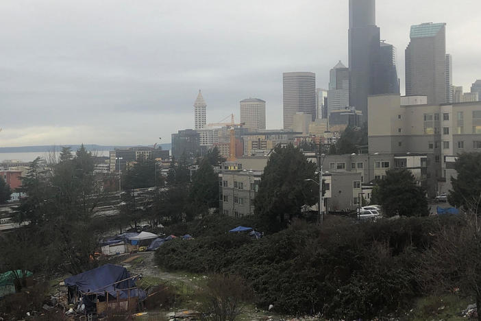 A homeless camp on the edge of downtown Seattle.