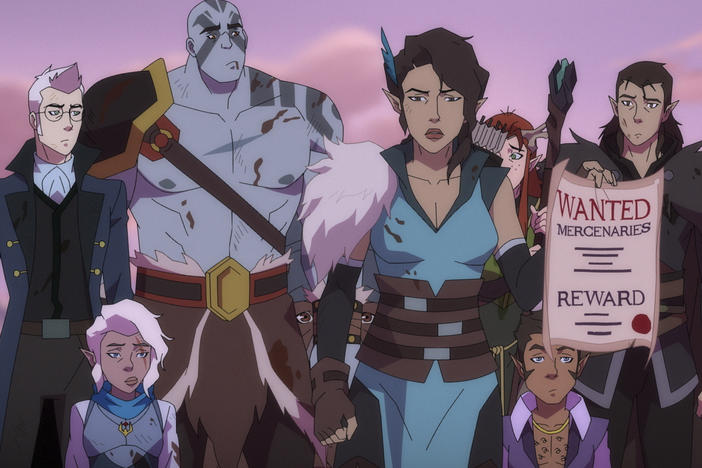 Percy (Taliesin Jaffe), Pike (Ashley Johnson), Grog (Travis Willingham), Vex (Laura Bailey), Keyleth (Marisha Ray) Scanlan (Sam Riegel) and Vax (Liam O'Brien) have +2 swords, will travel.