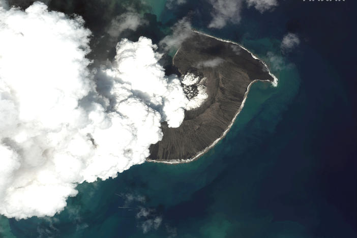 The Tonga volcano on December 24 2021 as seen from a satellite. The eruption turned explosive, in what nuclear monitors say was the biggest bang they've ever recorded.