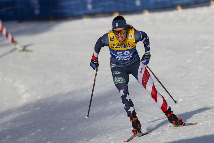 Rosie Brennan of the United States competes in a Tour de Ski, women's 10-kilometer freestyle, interval start cross-country ski event, in Dobbiaco (Toblach), Italy, on Jan. 5, 2021. She is planning to compete at the Beijing Winter Olympics next month.