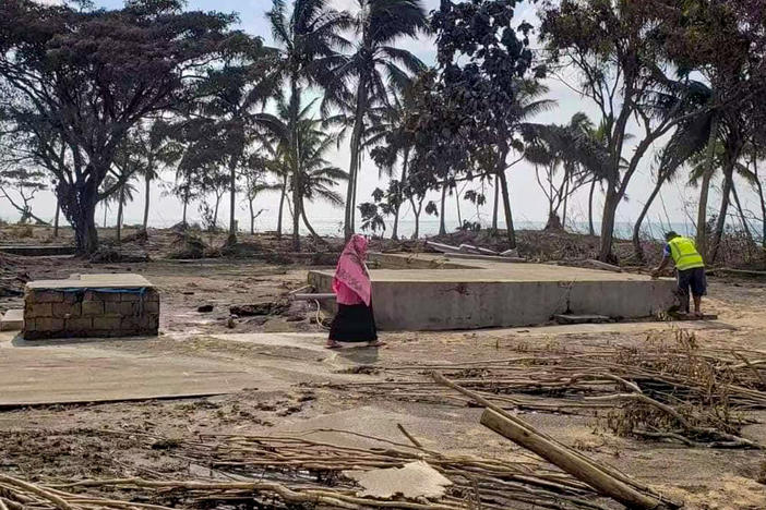 In this photo taken on Jan. 20, a beach resort in Tonga, on the outskirts of the capital of Nuku'alofa, shows the impact of the tsunami that hit the island nation in the wake of an underwater volcanic eruption. Aid efforts have been complicated by the pandemic — with only one case of COVID on record, Tonga is wary of outsiders who might bring the virus.