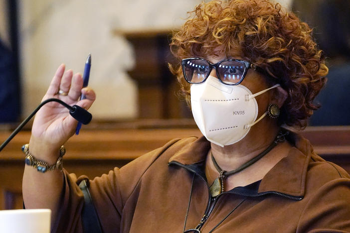 Sen. Barbara Blackmon, D-Canton, speaks at the well in the Mississippi Senate Chamber in Jackson on Thursday. Blackmon was among the Black lawmakers who walked out of the Senate Chamber in protest on Friday.
