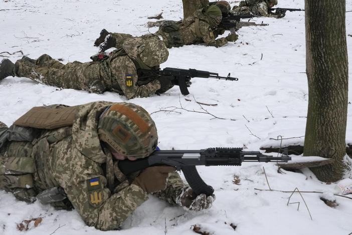 Members of Ukraine's Territorial Defense Forces, volunteer military units of the armed forces, train in a city park in Kyiv. Tensions remain high between Ukraine and Russia as the United States and its NATO allies have tried to intervene diplomatically.