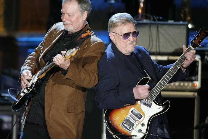 Bob Spalding, left, and Don Wilson of The Ventures perform at the Rock and Roll Hall of Fame Induction Ceremony in New York, March 10, 2008. Wilson, a co-founder of the band, died Saturday at the age of 88.