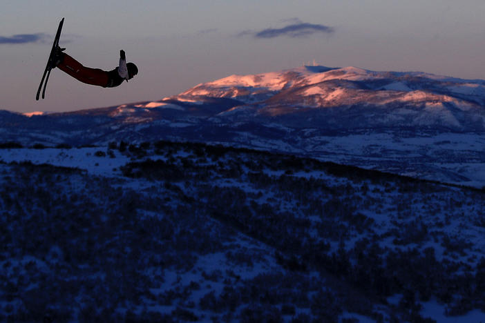 Carol Bouvard of Switzerland during training for the Mixed Team Aerials at the FIS Freestyle Ski and World Championships on in 2019. Mixed team aerials is a new event at the Beijing Winter Olympics this year.