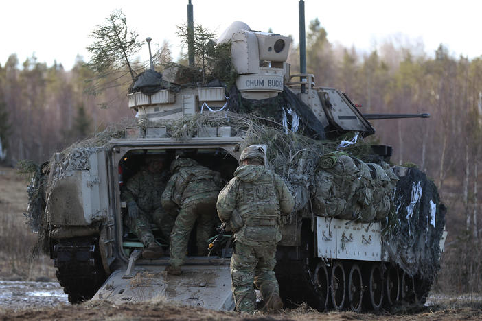 U.S. soldiers take part in a joint military combat exercise with Estonian soldiers in 2017 near Tapa, Estonia. The U.S. is readying 8,500 troops to possibly deploy to Eastern Europe.