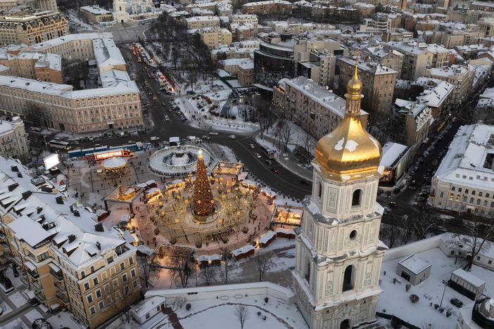 Snow covers Kyiv's city center in December.