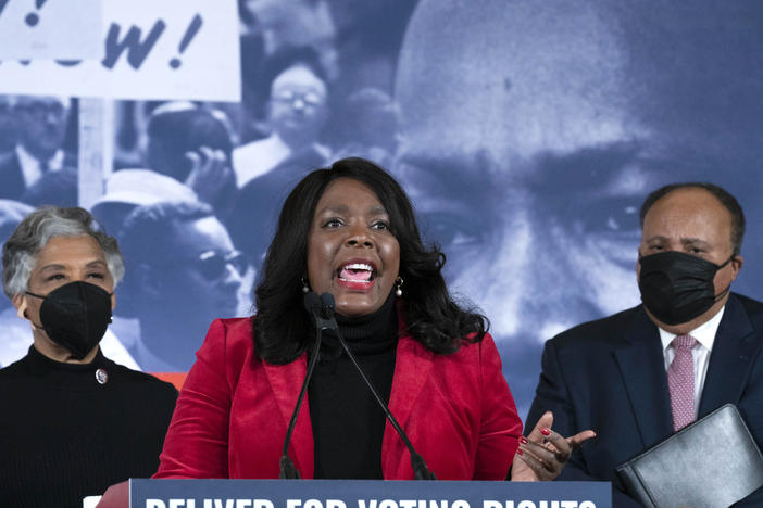 Rep. Terri Sewell, a Democrat from Alabama, represents the state's only Black-majority district in Congress. She's pictured here alongside Rep. Joyce Beatty, a Democrat from Ohio, and Martin Luther King III, in Washington, D.C. on Jan. 17, 2022.