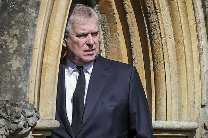 Britain's Prince Andrew appears at the Royal Chapel at Windsor following the death announcement of his father Prince Philip in April 2021.