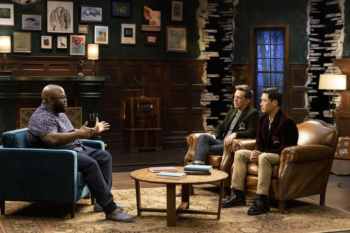 Ronald Young Jr., Ed Helms and Randall Park on <em>True Story With Ed & Randall.</em><em></em>