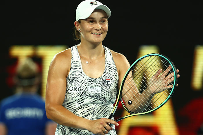 Ash Barty of Australia celebrates winning her Women's Singles Semifinals match against Madison Keys of United States during day 11 of the 2022 Australian Open at Melbourne Park on Thursday in Melbourne.