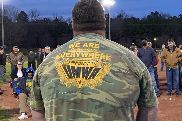 Alabama coal miners rally at a local ballpark in Brookwood. They've been on strike against Warrior Met Coal since April 1.