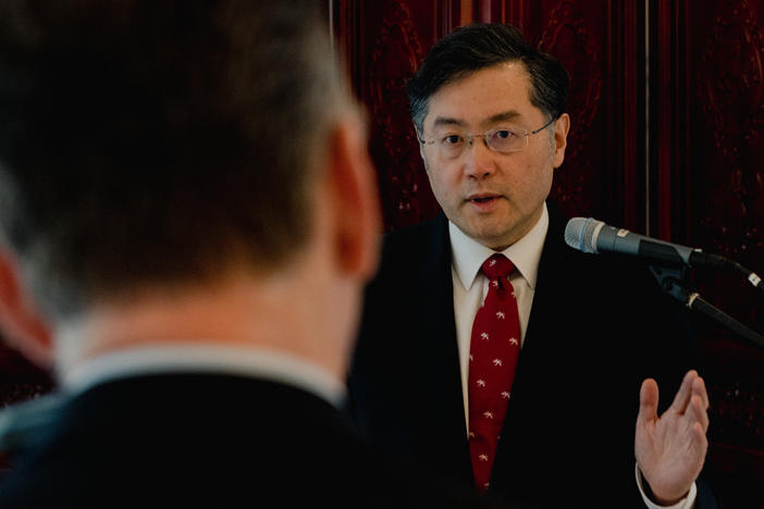 Veteran Chinese diplomat Qin Gang, China's ambassador to the U.S., speaks with NPR's Steve Inskeep at Qin's official residence in Washington, D.C., on Thursday.