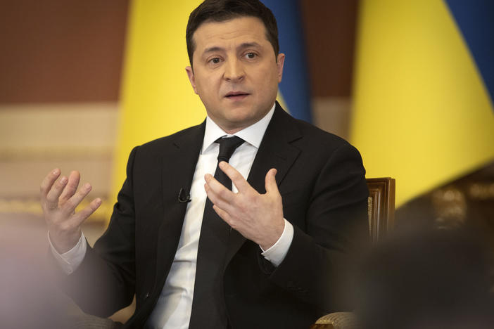 Ukrainian President Volodymyr Zelenskyy speaks to reporters on Friday in Kyiv, the capital of Ukraine.