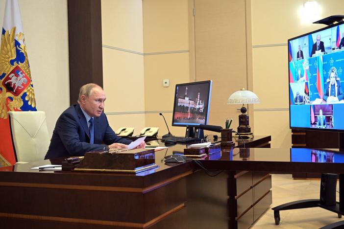 Russian President Vladimir Putin chairs a meeting with members of the U.N. Security Council via a videoconference at the Novo-Ogaryovo state residence outside Moscow on Friday.